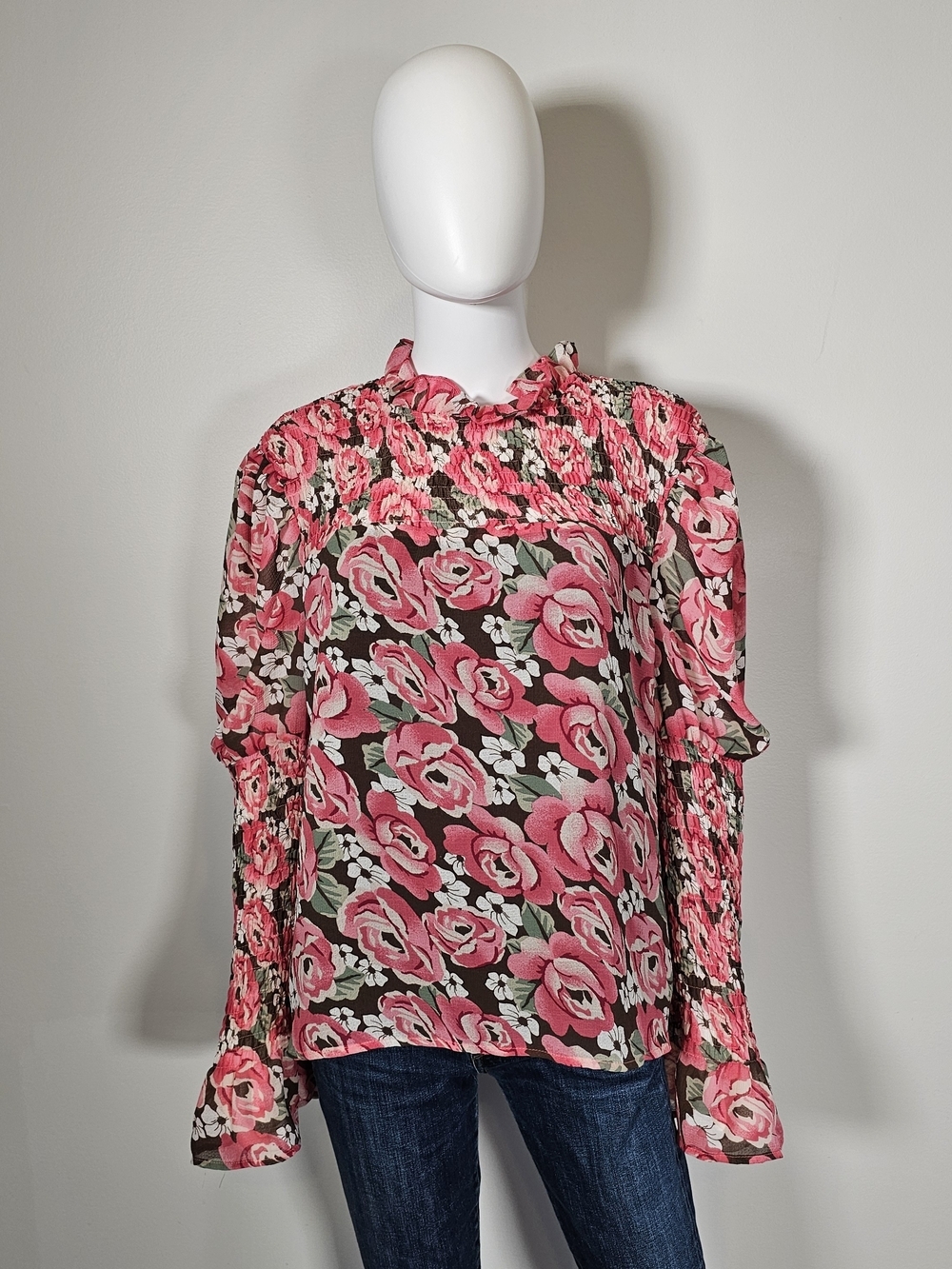 En Saison Pink White Brown Green Floral Lightweight Blouse Sz L